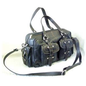 Black leather handbag with exterior pockets